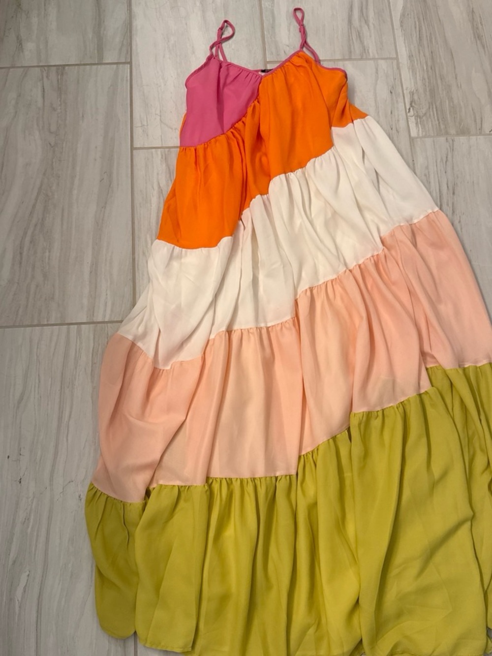 Colorblock Tiered Maxi Dress in Pink, Orange, White, Peach & Lime